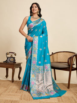 KALAASHREE - Cyan Blue Jacquard Sona Chandi pure zari work Saree with Unstitched Blouse