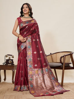 KALAASHREE - Maroon Jacquard Sona Chandi pure zari work Saree with Unstitched Blouse