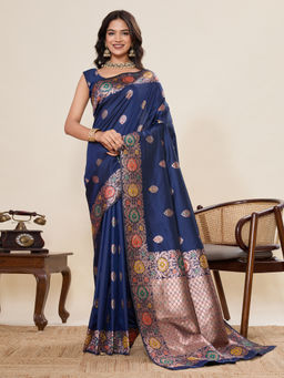 KALAASHREE - Blue Jacquard Sona Chandi pure zari work Saree with Unstitched Blouse