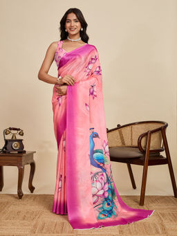 KALAASHREE - Baby Pink Chinnon Printed Saree with Unstitched Blouse