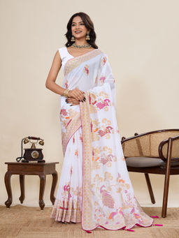 KALAASHREE - White Cotton Printed Saree with Unstitched Blouse