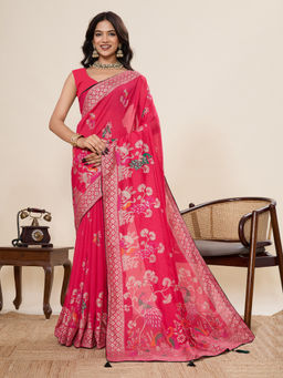 KALAASHREE - Red Cotton Printed Saree with Unstitched Blouse