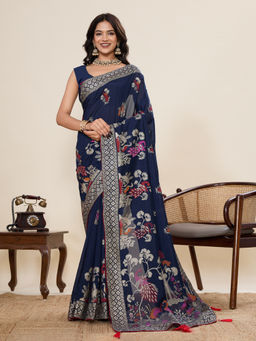 KALAASHREE - Blue Cotton Printed Saree with Unstitched Blouse