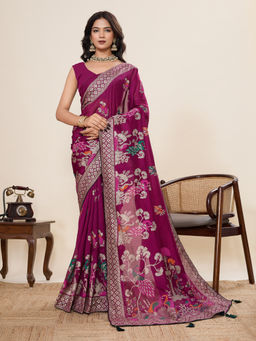 KALAASHREE - Violet Cotton Printed Saree with Unstitched Blouse