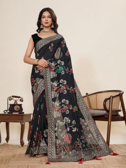 KALAASHREE - Black Cotton Printed Saree with Unstitched Blouse