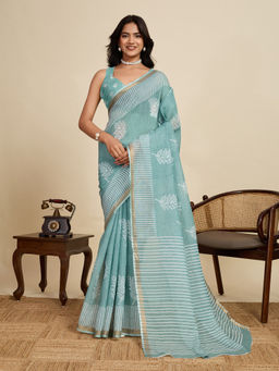KALAASHREE - Sage Green Linen Printed Zari Border Saree with Unstitched Blouse
