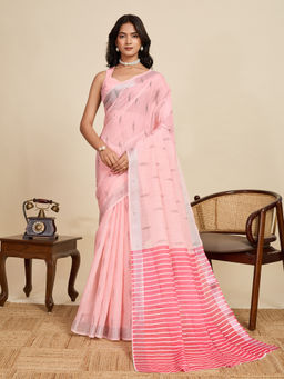 KALAASHREE - Baby Pink Linen Printed Zari Border Saree with Unstitched Blouse