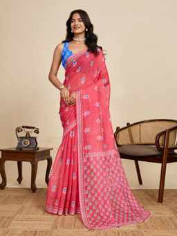 KALAASHREE - Red Linen Printed Zari Border Saree with Unstitched Blouse