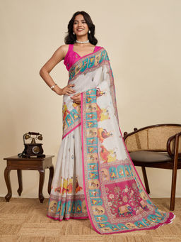 KALAASHREE - Multicolour Linen Printed Zari Border Saree with Unstitched Blouse