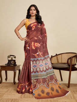 KALAASHREE - Brown Linen Printed Zari Border Saree with Unstitched Blouse