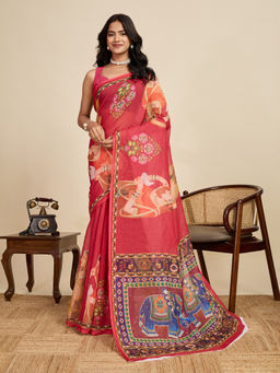 KALAASHREE - Red Linen Printed Zari Border Saree with Unstitched Blouse