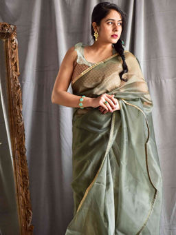 Sundarii - Sundari Enrique Olive - Organza Saree without Blouse