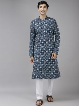 See Designs - Men Blue & Off White Printed Straight Kurta with Pyjama (Set of 2)