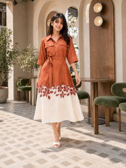 KAFTANIZE - Orange Floral Printed Midi Dress with Belt