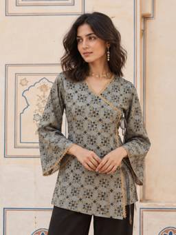 KAFTANIZE - Grey Geometric Printed Angrakha Short Kurti