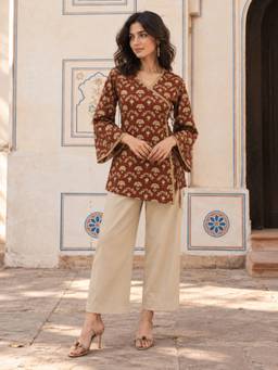 KAFTANIZE - Maroon Floral Printed Angrakha Short Kurti