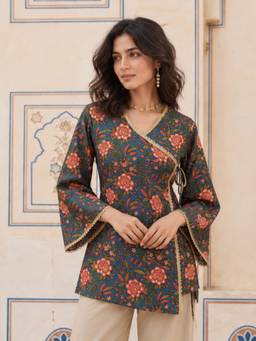 KAFTANIZE - Blue Floral Printed Angrakha Short Kurti
