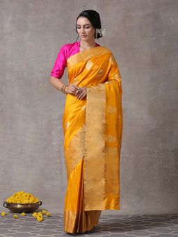 WeaverStory - Mustard Handloom Pure Katan Banarasi Saree with Kadhwa Boota Golden Plain Border Blouse