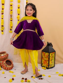 KID1 - Veena Purple Velvet Peplum Kurta and Dhoti and Dupatta (Set of 3)
