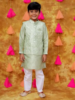 KID1 - Mirror Work Green Kurta and Pyjama with Jacket (Set of 3)