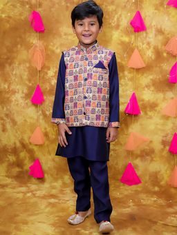 KID1 - Digital Print Blue Kurta and Pyjama with Jacket (Set of 3)
