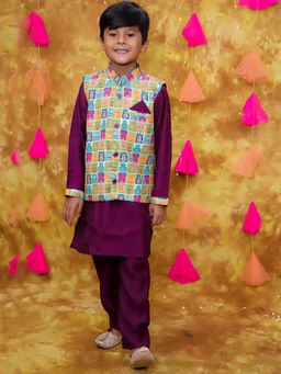 KID1 - Digital Print Purple Kurta and Pyjama with Jacket (Set of 3)