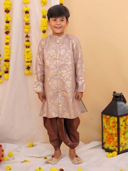 KID1 - Chanderi Jacquard Beige Sherwani with Dhoti (Set of 2)