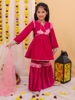 KID1 - Riwaz Rani Pink Velvet Kurta and Sharara with Dupatta (Set of 3)
