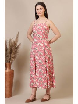 Aurelia - Salmon Pink Floral Printed A-Line Modal Spaghetti Dress