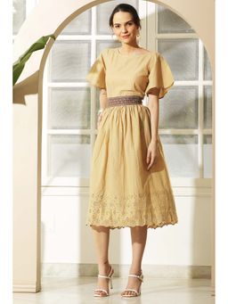 Diiwataa - Women Beige Round Neck Puff Sleeves Brown Hakoba Dress