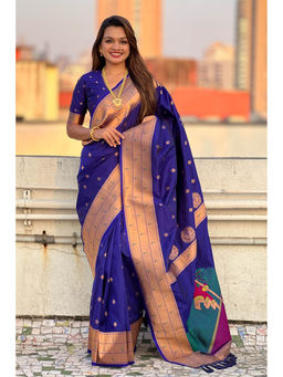 Mysilklove - Royal Blue Woven Paithani Saree with Unstitched Blouse