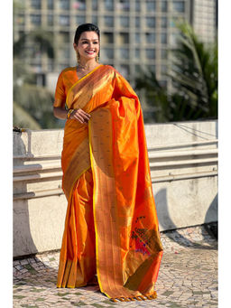 Mysilklove - Fire Orange Woven Paithani Saree with Unstitched Blouse