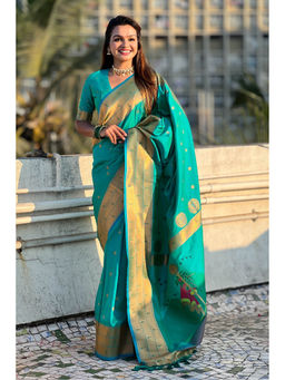 Mysilklove - Turquoise Stone Woven Paithani Saree with Unstitched Blouse