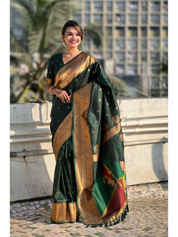 Mysilklove - Everglade Green Woven Paithani Saree with Unstitched Blouse