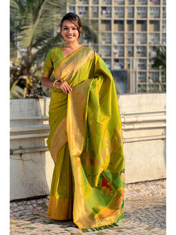 Mysilklove - Sushi Green Woven Paithani Saree with Unstitched Blouse