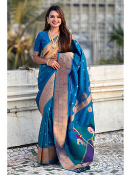 Mysilklove - Matisse Blue Woven Paithani Saree with Unstitched Blouse