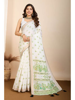 Mysilklove - Swiss White and Light Green Printed Cotton Designer Saree with Unstitched Blouse
