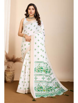 Mysilklove - Pearl White and Green Printed Cotton Designer Saree with Unstitched Blouse