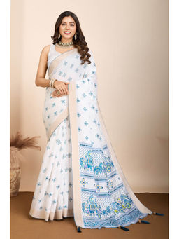 Mysilklove - Frost White and Blue Printed Cotton Designer Saree with Unstitched Blouse