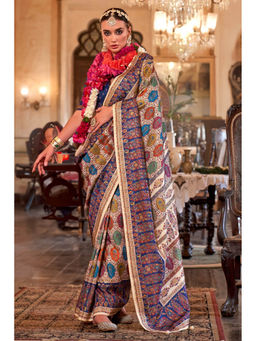 Mysilklove - Rodeo Beige and Blue Printed Jamewar Saree with Unstitched Blouse