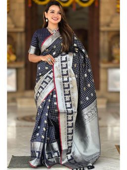 SGF11 - Navy Blue Women Kanjivaram Soft Silk Saree with Unstitched Blouse