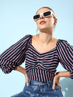 Marie Claire - Women Casual Navy Blue Colour Sweetheart Neck Vertical Stripes Regular Top