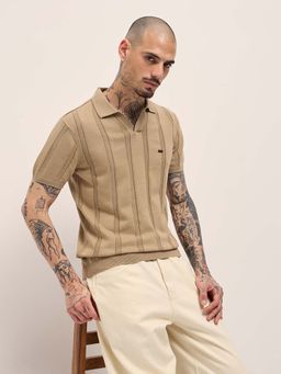 The Bear House - Men Beige Stripes Polo T-Shirt