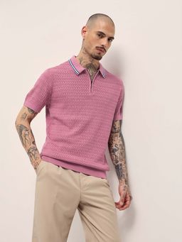 The Bear House - Men Mauve Textured Polo T-Shirt