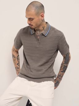 The Bear House - Men Grey Textured Polo T-Shirt