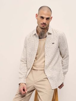 The Bear House - Men Cream Self Design Shirt