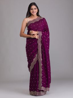 Koskii - Wine Sequin Work Raw Silk Designer Saree With Unstitched Blouse