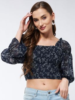 Magre - Womens Blue Printed Smocked Crop Top