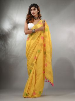 CHARUKRITI - Yellow Tissue Handwoven Saree with Geometric Motifs and Sequin Work & Unstitched Blouse