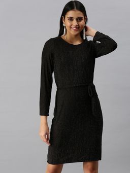 SHOWOFF - Women Black Textured Round Neck Dress